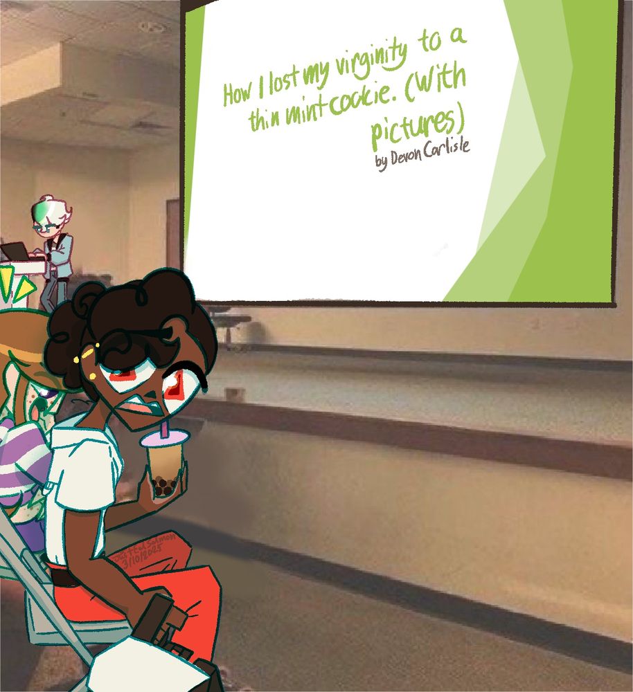 A drawing of a presentation of slideshow named “How I lost my virginity to a thin mint cookie. (With pictures)” by Devon Carlisle. One of the audience members, Elliott, is staring at the camera horrified as the girl next to them, Saraphina, is laughing her ass off.