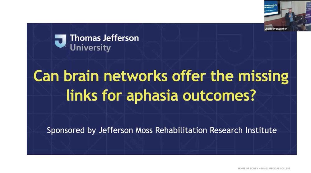 This image shows the title slide of his presentation. The title is "Can brain networks offer the missing links for aphasia outcomes?"