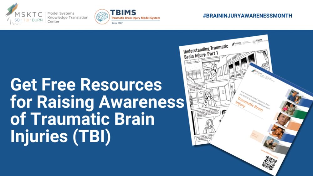 This is a picture with example resources on the right hand side and the text "Get Free Resources for Raising Awareness of Traumatic Brain Injuries (TBI)" on the left hand side.