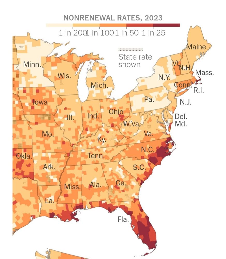 Map of insurance non-renewable rates in the eastern US.  Areas hit by fires and storms associated with climate change show the lowest coverage rates. 