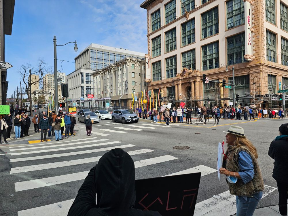 Protest on corners adjacent to SF Tesla store 