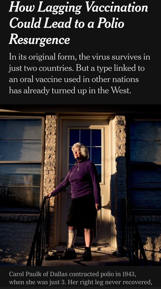 NYT headline: "How Lagging Vaccination Could Lead to a Polio Resurgence
In its original form, the virus survives in just two countries. But a type linked to an oral vaccine used in other nations has already turned up in the West."

Photo of a woman with a cane: "Carol Paulk of Dallas contracted polio in 1943, when she was just 3  Her right leg never recovered.."