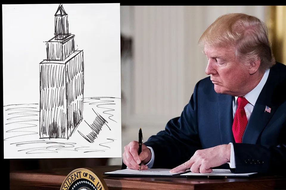 Skyscraper sketch by Trump next to Trump signing something on his desk during his first term