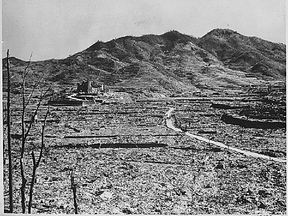 Nagasaki, Aug 1945, after a 21 kton plutonium based nuclear bomb was exploded 1600 ft above the city. 