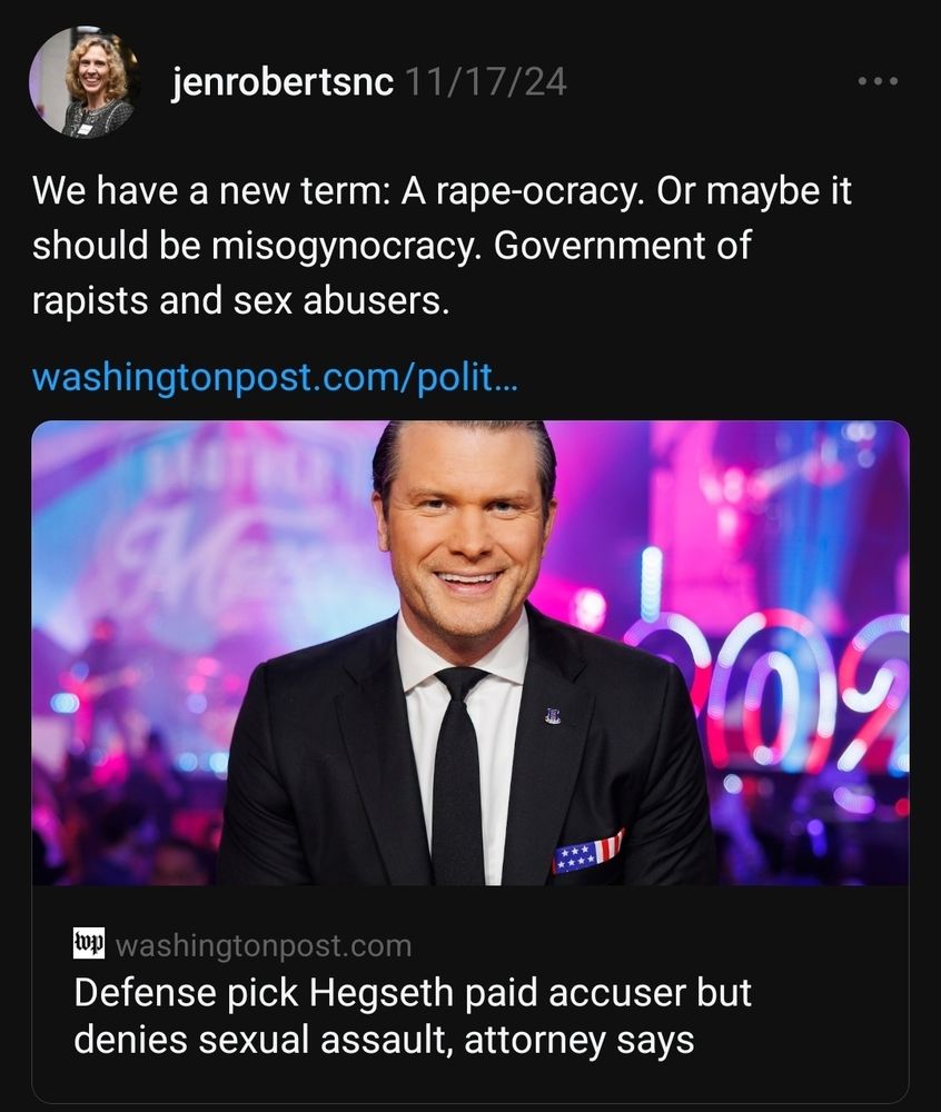 Threads post by Jen Roberts, former mayor of Charlotte. Image of Hegseth above a WaPo headline saying 'Defense pick Hegseth paid accuser but denies sexual assault, attorney says