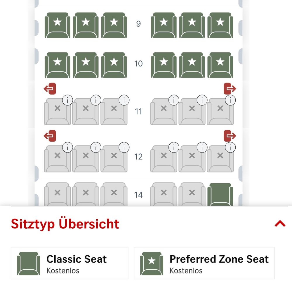 Swiss Sitzplan, Sitz 10C ist gegen Gebühr buchbar