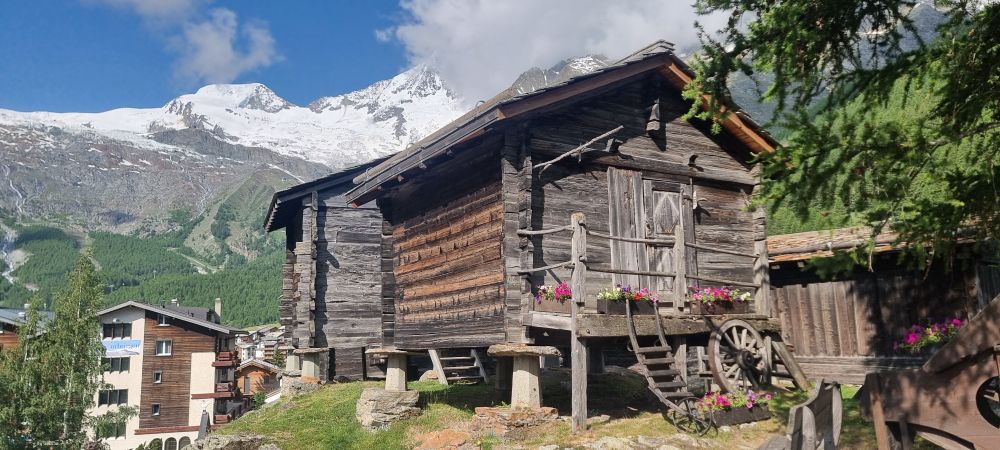 Holz Chalet auf Stelzen, Blumen, grüne Wiesen, im Hintergrund verschneite Berglandschaft