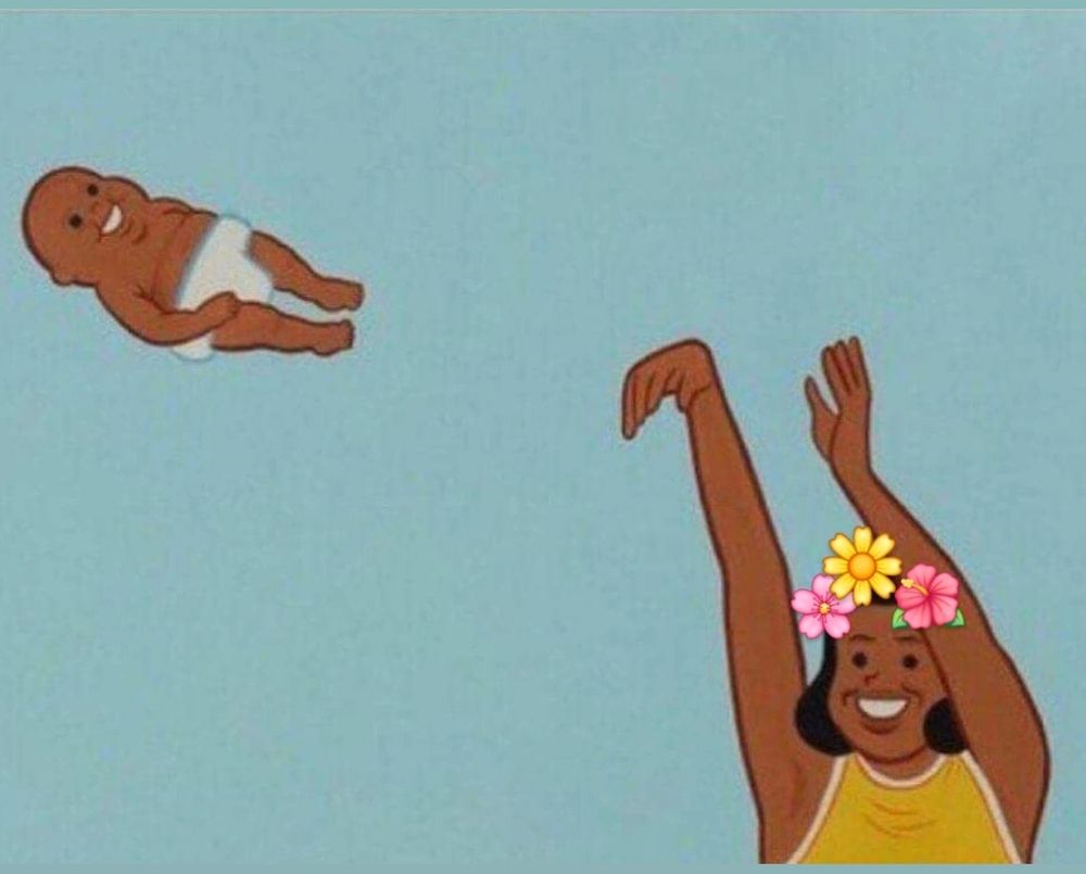 ilustração de Joan Cornella mostra uma mulher jogando um bebê de fralda como se fosse uma bola de basquete. na cabeça dela foram inseridos emojis simulando uma tiara de flores. 