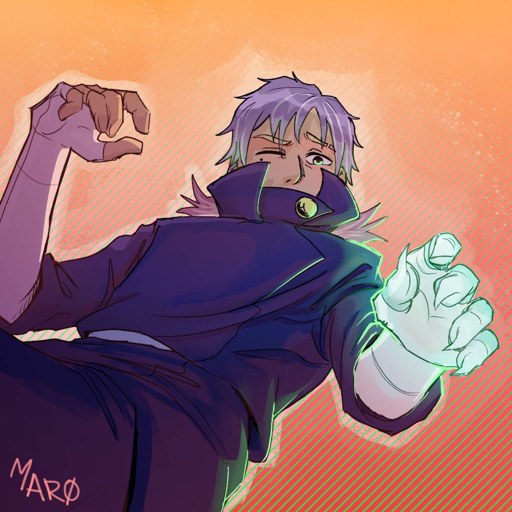 JJK inspired character. His face is hidden behind a high-necked suit, his hand reaches out to the viewer, emitting a cool blue glow. He has purple hair and green eyes