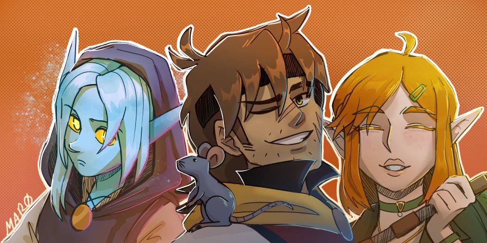 Three characters, all for a DnD campaign. From left to right:

Aster (she/he/they), they're an Eladrin Elf Warlock. She is completely blue, with pointy ears and glowing yellow eyes, and is wearing a cloak over her head.

Vess, Phantom Rogue lvl 5 Wizard lvl 1. He has short dark-brown hair. He's wearing a black bandana, a red vest with a yellow cloak. He has green eyes and some scarring over his nose and left eyebrow.

Lea, A young 19-year-old Half-Elf druid girl. She has medium-length orange hair, with a green clip on the right side of her bangs. She wears a green choker and vest,