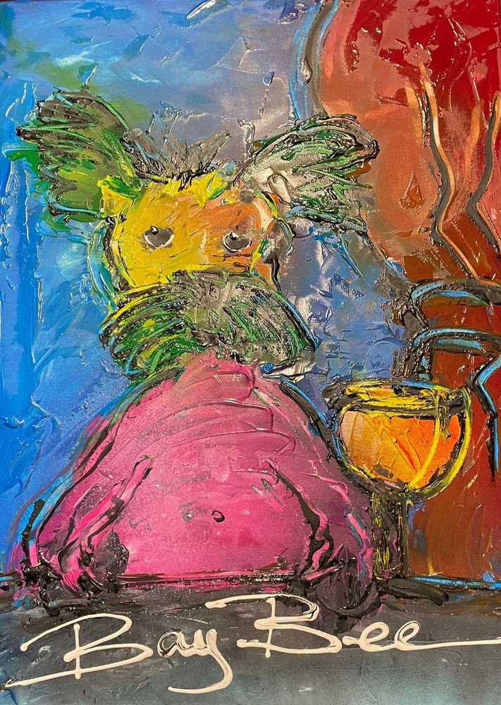 A very creative oil-painting with a 'dog' and a glass of wine. Text on the bottom is 'Bay Bee' . 