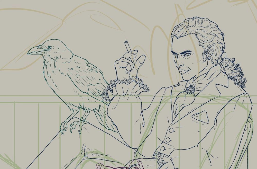 Line art of a man sitting on his porch smoking a cigarette. He has long curly hair in a low ponytail and is wearing a frilly poet shirt, a vest with a pocket square, and a scarf tucked into a fancy ring. There's a raven sitting on his knee. The background is loose scribbles