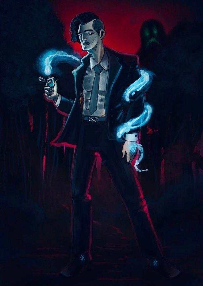 Agent Ari Green, wearing his business suit and holding his Zippo in mysterious darkness, as Ignis pops out and spirals around his arm.