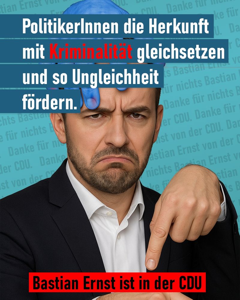 Bastian Ernst ist in der CDU und setzt in einem Zeitungsartikel*, Whynachtsmärkte und Terrorismus in einen nicht existierenden Zusammenhang mit Migration. Armut ist ein relevanter Faktor für kriminelles Verhalten, nicht die geografische Herkunft eines Menschen. Menschen über ihre Äußerlichkeiten unter Generalverdacht zu stellen, ist Rassismus. Rassismus ist ein Problem im Stadtbild.  Während die CDU die selbst geschaffene Ungleichheit der Menschen ignoriert, plappert sie immer offener rechtsextreme Geschichten nach.

#bittehaltdeinmaul #cduistmitgemeint

* Bild ist nur in Teilen KI generiert und dient der Aufmerksamkeit. Außer einem Zeitungsartikel des Delmenhorster Kreisblatts liegen uns die Äußerungen von Bastian Ernst ungefiltert aus anderen Quellen vor.