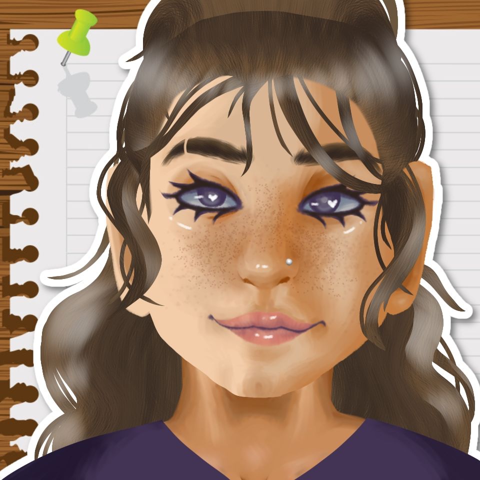 a drawing of a feminine-leaning person with long lashes, a messy ponytail, freckles, and a purple shirt.
