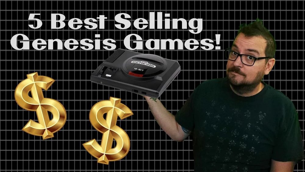 Josh is in front of a grid like background holding a model 1 Sega Genesis with text that reads "5 Best Selling Genesis Games!" and two gold dollar signs underneath.