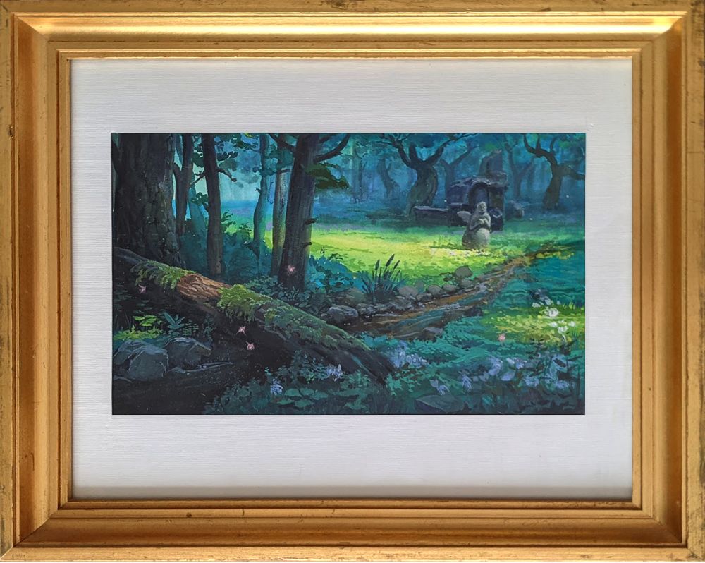 gouache painting in a gold frame. Ghibli style scene of a forest clearing, teals with a pop of lime green. statue in the centre along a small creek. #BOTW #Zelda #ghibli #justindonaldson #gouache #painting