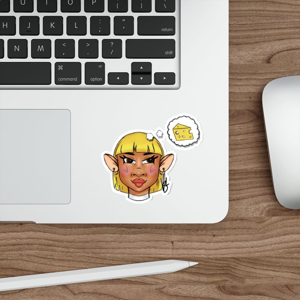 A sticker of a brown skinned woman with mouse traits & blonde hair thinking of a cheddar on a laptop.