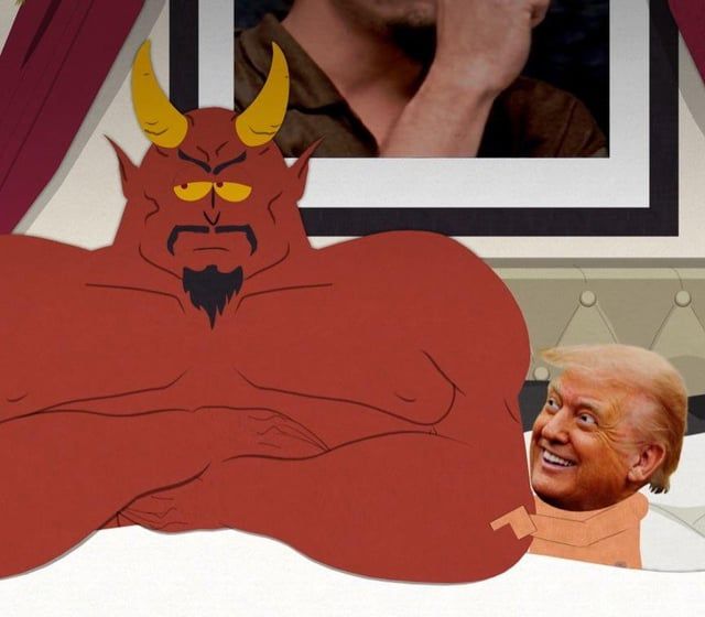 Trump naked in bed next to Satan from Southpark.