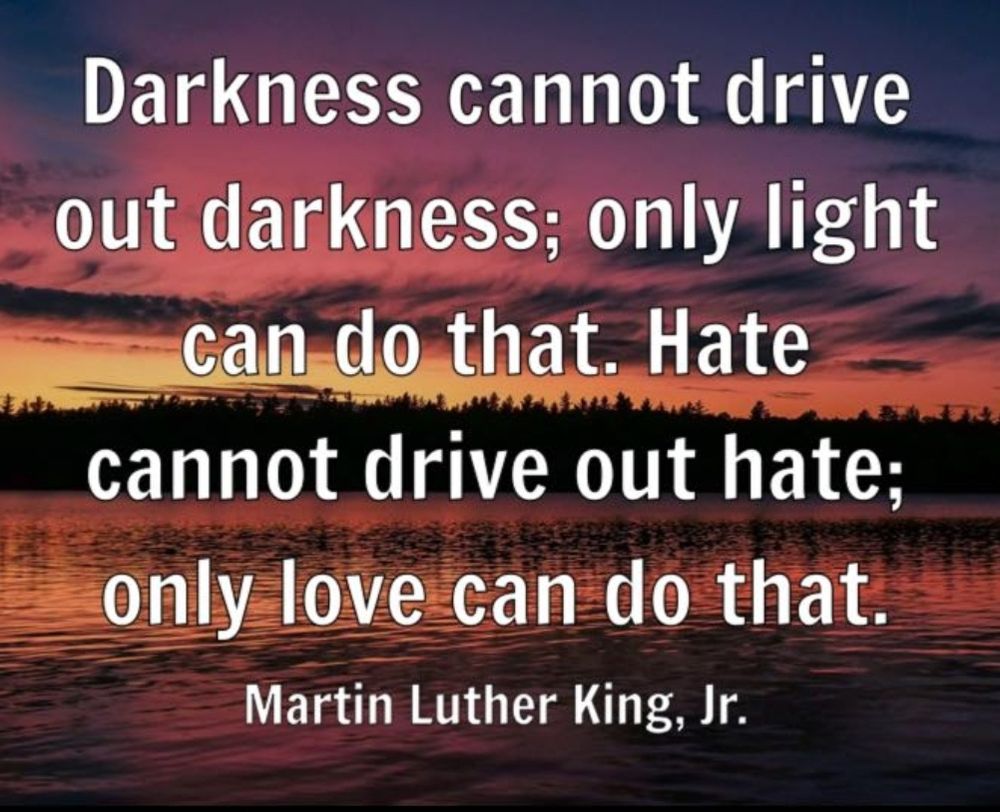Darkness cannot drive out darkness; only light can do that.  Hate cannot drive out hate; only love can do that. Martin Luther King Jr