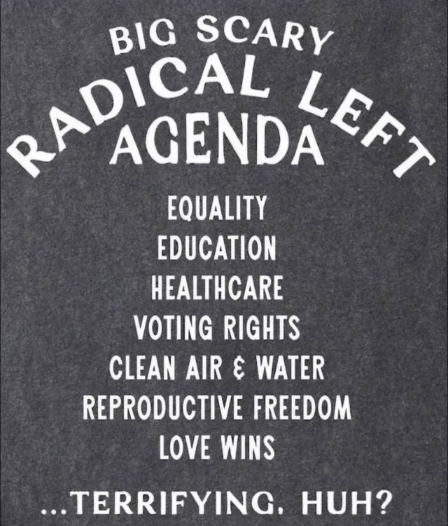 BIG SCARY RADICAL LEFT AGENDA EQUALITY EDUCATION HEALTHCARE VOTING RIGHTS CLEAN AIR & WATER REPRODUCTIVE FREEDOM LOVE WINS ...TERRIFYING, HUH?