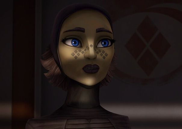 barriss offee from the clone wars. she has her hair covering off with a neutral expression. she’s in a dark room with a ray of light on her face tattoos