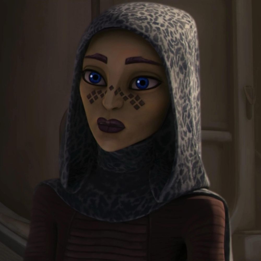 barriss offee in the clone wars. she has her hair covering on and a neutral expression on her face