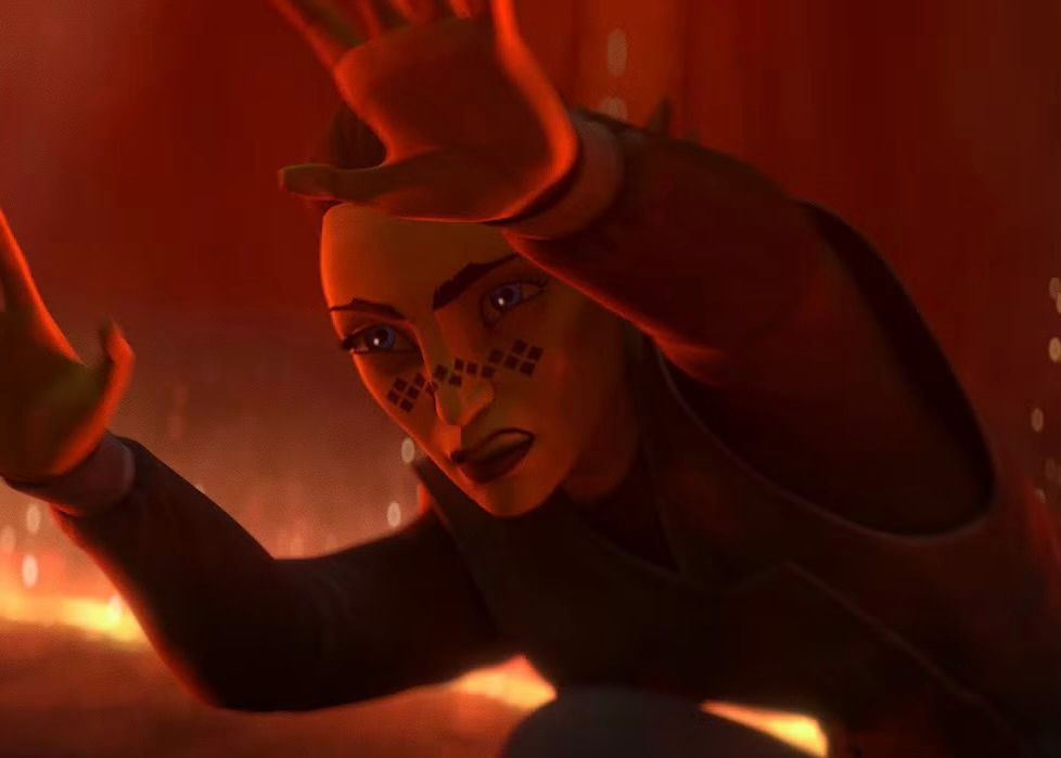 barriss offee from tales of the empire. she’s in a red-lit room and she’s crouched down with her arms up. she has a weary expression on her face