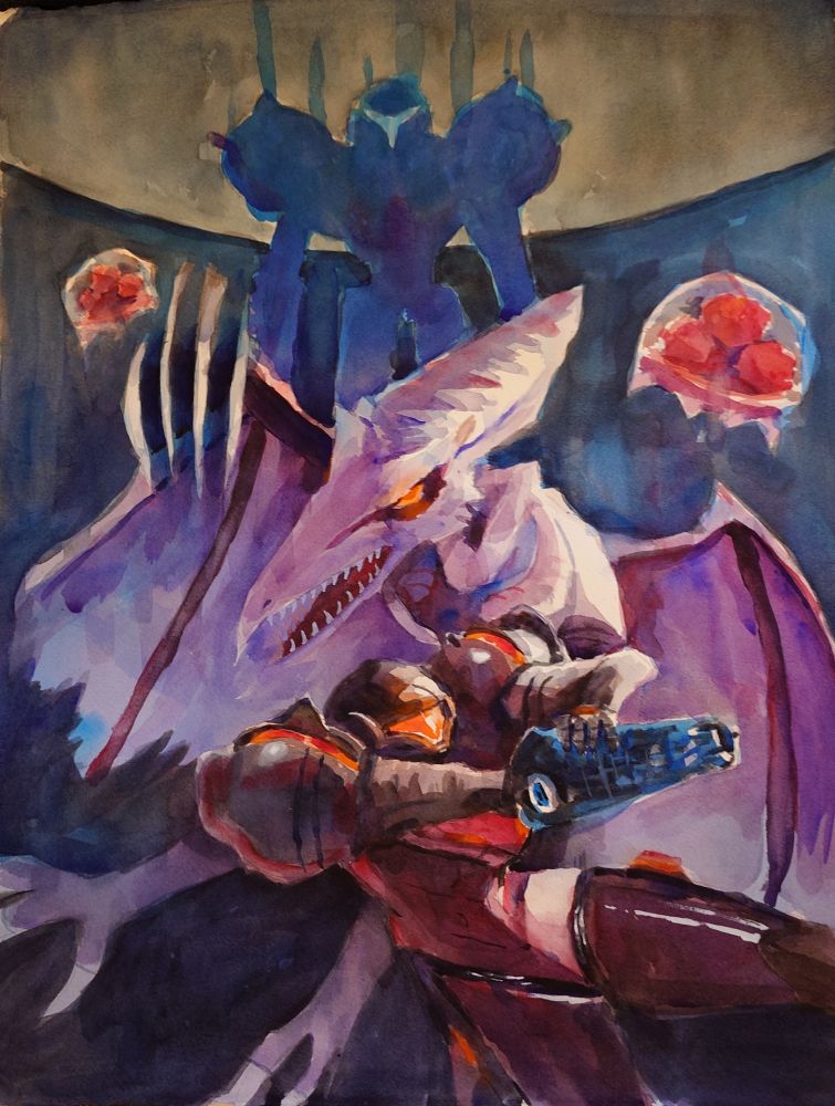 A watercolor painting of Samus, Ridley, and the Metroids from the Metroid series. The composition is centered and vertical. Samus on the bottom is wearing her phazon suit and behind her is a menacing looking Ridley slashing his claws town towards her with a glowing orange eye. Behind them are two baby Metroids and the planet Ether from Prime 2. The background is a dark green blue. 