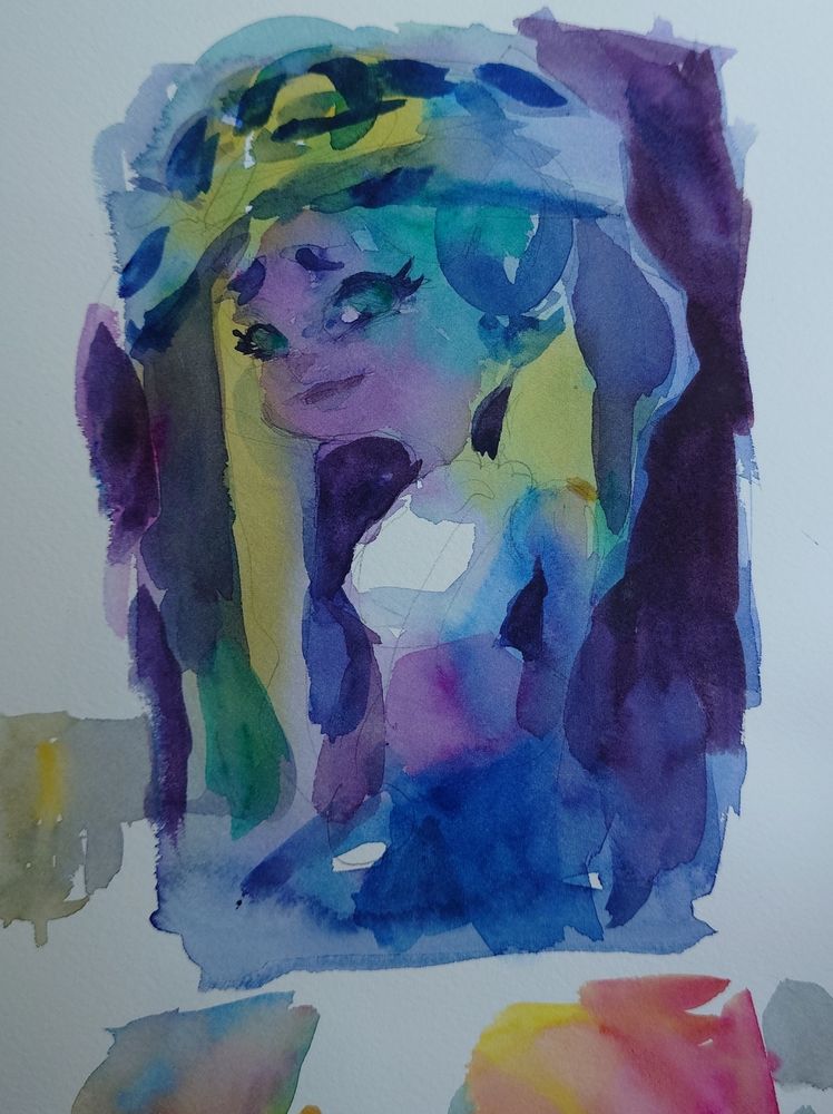 A loose watercolor painting of marina from the splatoon series. She appears aside she's blending into the background. I think her outfit is the one she's wearing from the octo expansion in Splatoon 2. Around the study there are some random splatterings of watercolor from earlier tests I was doing. 