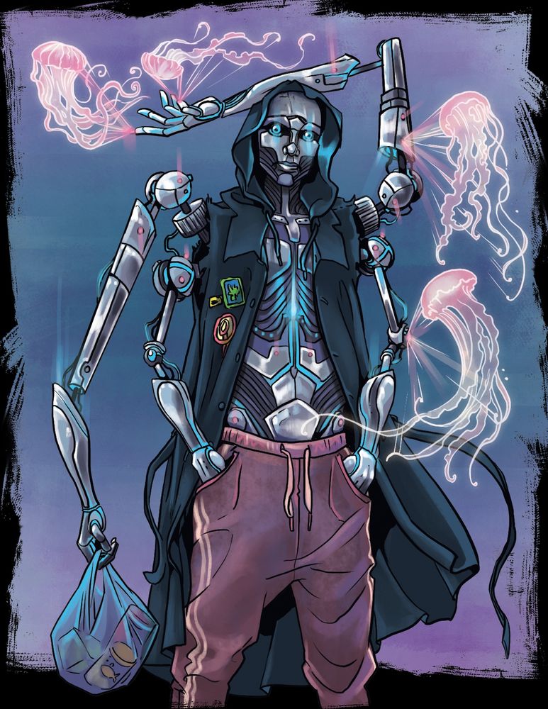 A robotic humanoid figure (called fetchBorn in this game) is on their way home from the grocery store. In one of their four arms they carry a plastic bag with some cans. They're wearing red sweatpants and a sleeveless black trench coat with patches. Holographic jellyfish swim around them, projected from ports in their arms and fingers. 