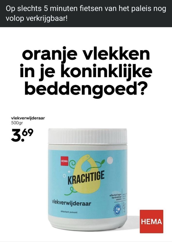 Oranje vlekken in je Koninklijke beddengoed? En dan een pot krachtig wasmiddel in beeld.

