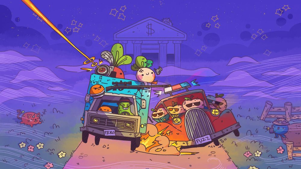 promo for turnip boy robs a bank. A bunch of vegetables on cars. 