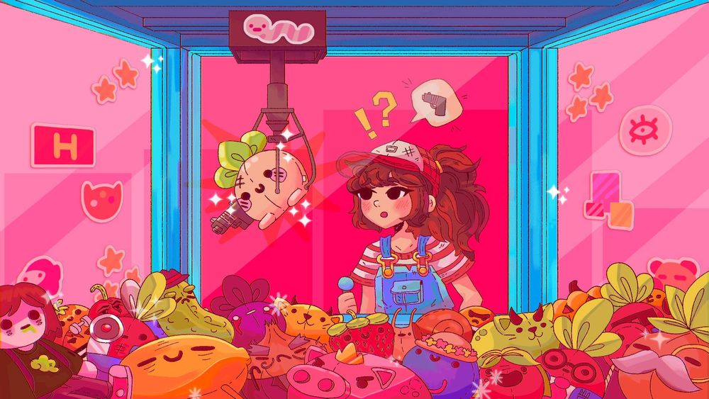 A claw machine with a bunch of turnip boy characters
