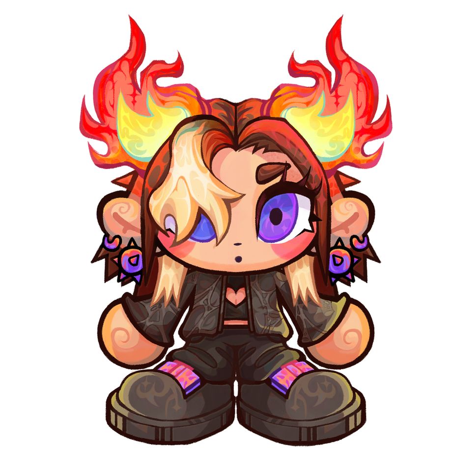 a y2k style character with flame for hair and spiky earrings
