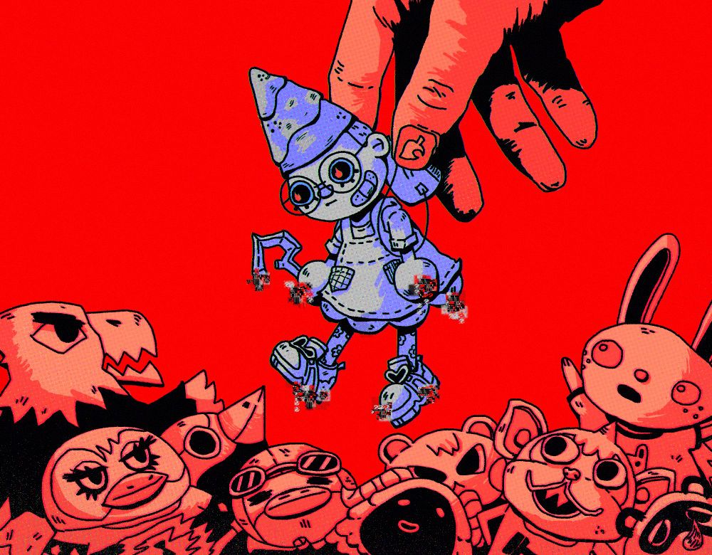 an animal crossing character being held by a hand lowered into spooky villagers