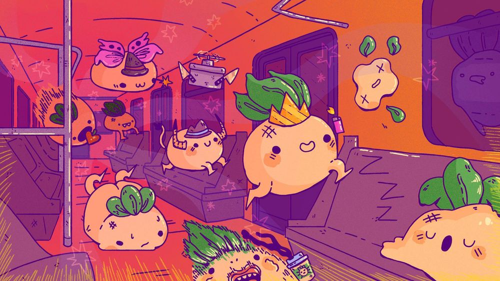 a bunch of turnips running on a train
