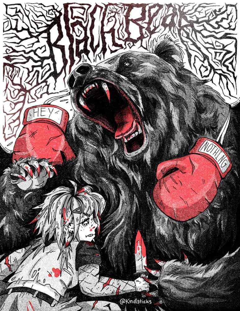 girl with knife fighting a black bear with boxing gloves around neck. Text on top says BLACK BEAR 
