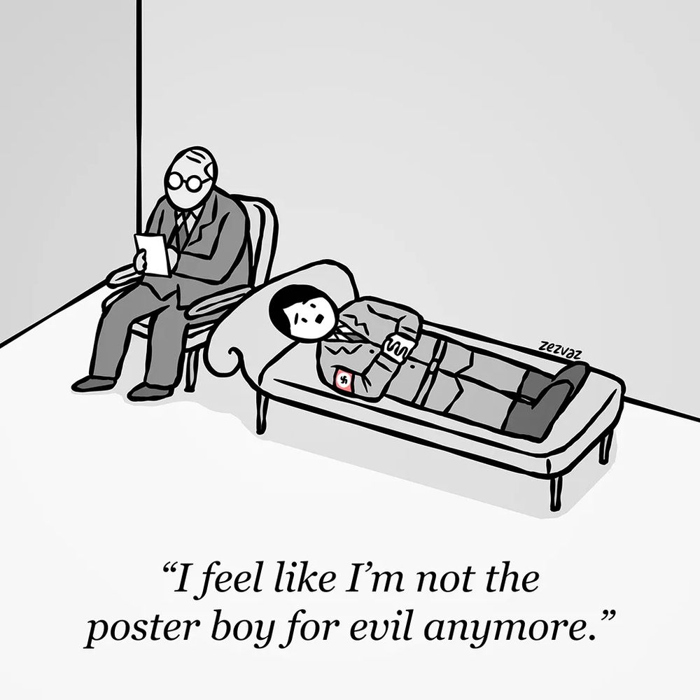 Cartoon by Zez Vaz depicting the mustache-man in a therapy session. Caption reads: "I feel like I'm not the poster boy for evil anymore."