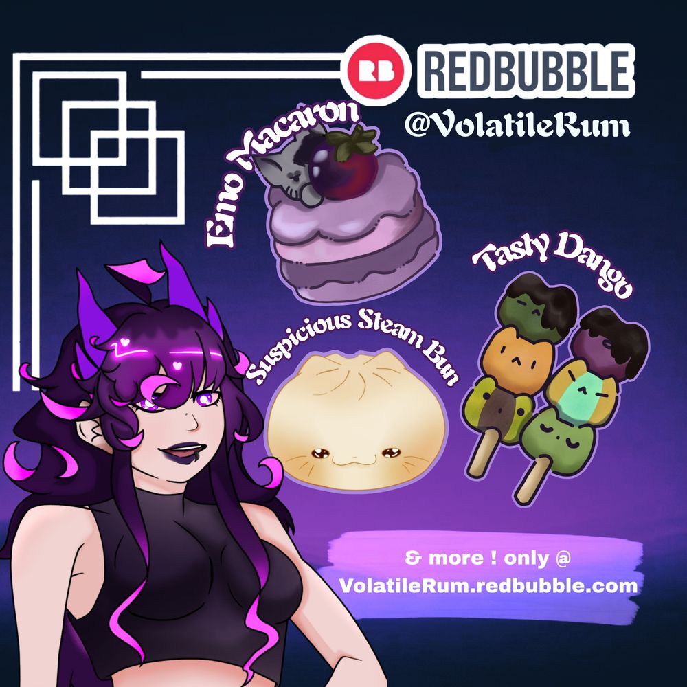 Rumly standing in the foreground with cute cat themed stickers behind them. The three stickers are labeled as Emo Macaron, Tasty Dango, and Suspicious Steam Bun. Advertising a Redbubble store linked in the quoted post. 