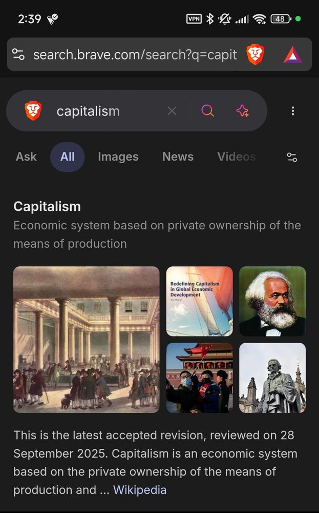 A screenshot showing the simple act of googling capitalism results in a definition contrary to what the above user states. "economic system based on private ownership of the means of production"
