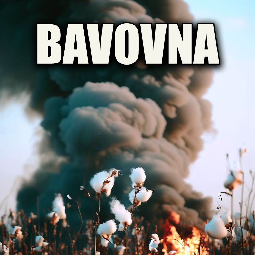 A meme, text: Bavovna
A cotton field in the foreground. Fire from an explosion in the background