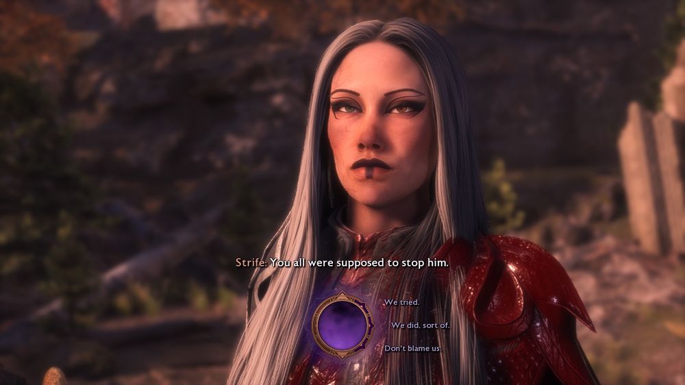Gwendolyn “Rook” Ingellvar with long white hair, one green and one amber eye, and dark makeup standing in arlathan forest in preorder blood dragon mage armor