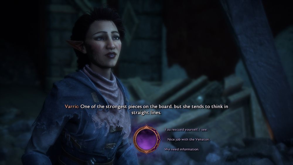 Maeve “Rook” Laidir with long braided auburn hair and snake scar on half her face standing in dark ruins in ratty armor