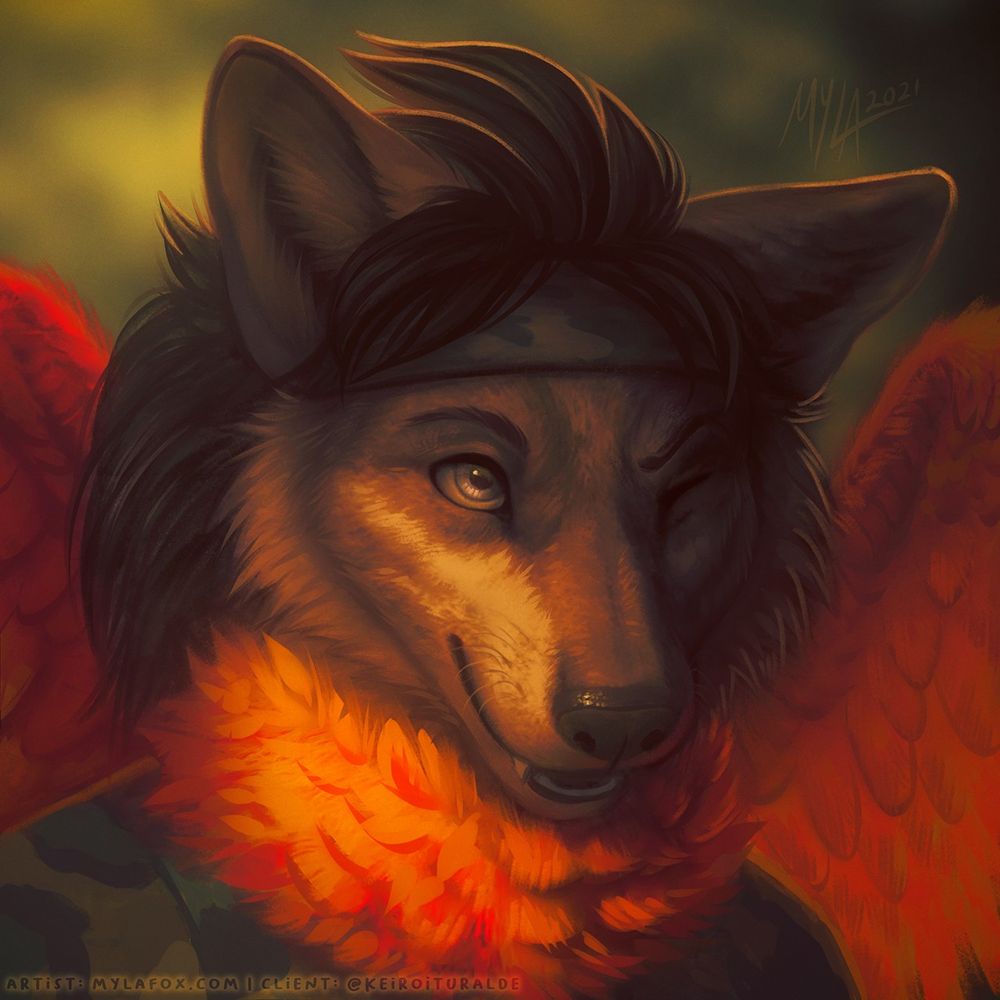 A profile image of Keiro as phoenix-wolf in a realistic style, here he is seen winking at someone out of view. Wings are visible as are his neck/chest feathers in the same red, orange and gold coloring.