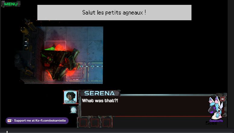 écran prit de mon logiciel de création de vidéo avec une image et un texte en haut dit par un des personnages de la chaine, le gimmick d'ouverture: "Salut les petits agneaux"