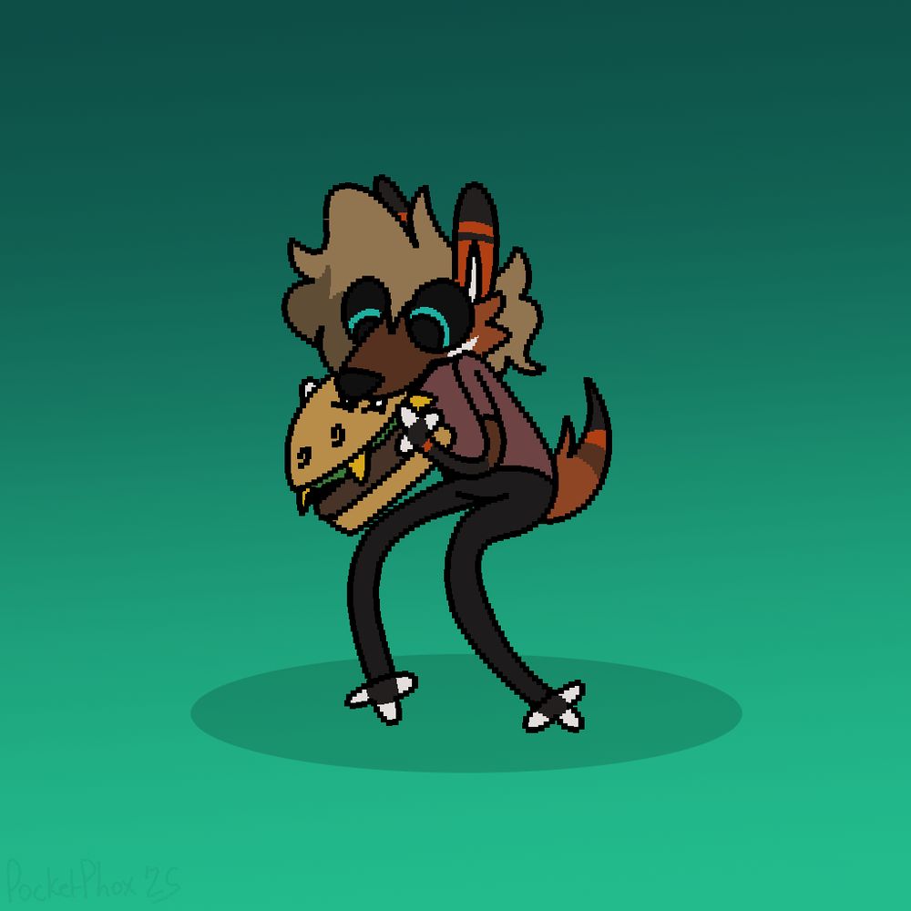 toony little phox munchin down on a huge cheeseburger