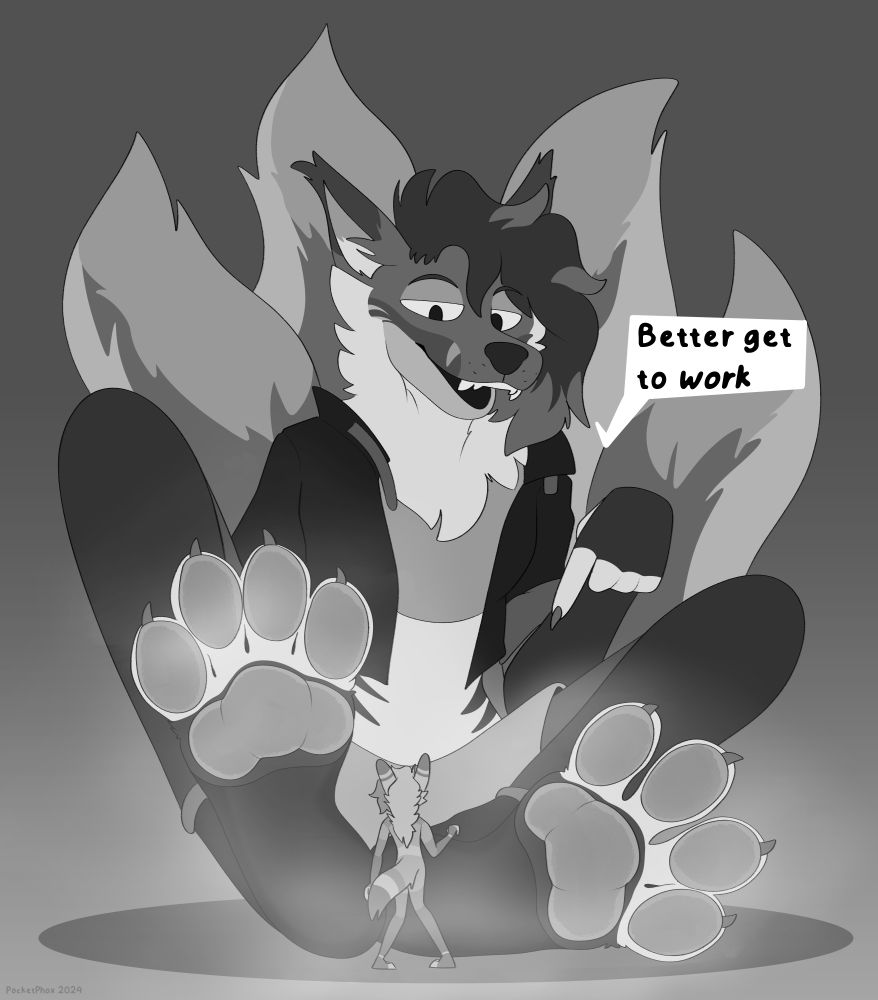 Okuri, a kitsune, sitting down with their steaming paws propped up in front of a micro Phox, saying "Better get to work."