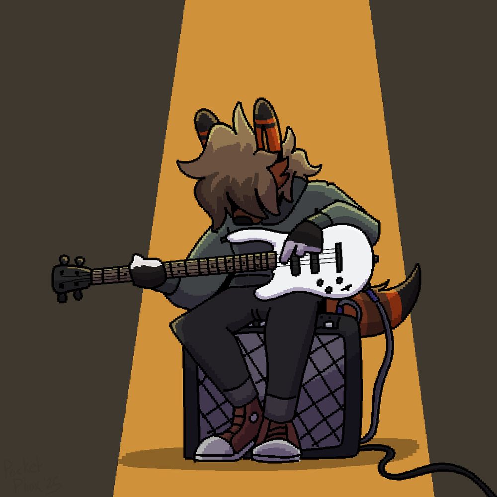 Phox, sitting on an amp, leaned over and plucking away at a bass