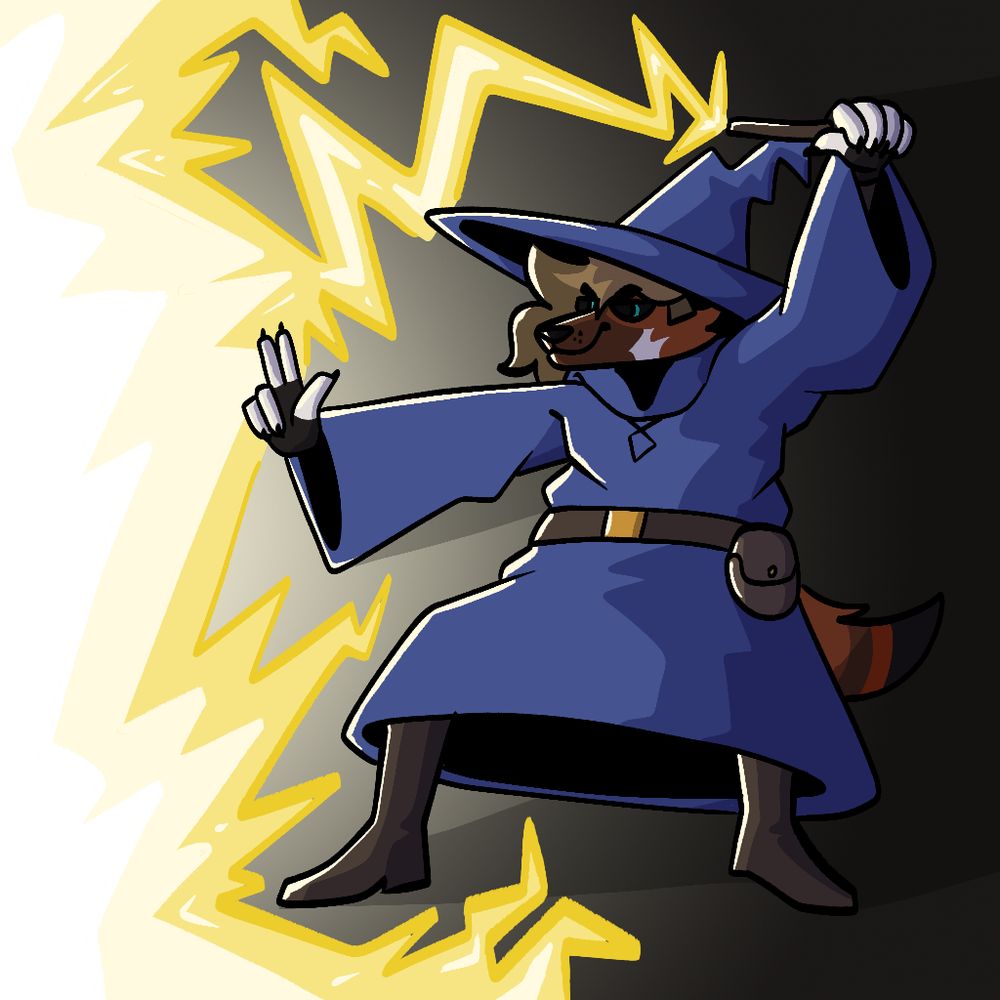drawing of phox striking a dramatic pose, dressed in wizard garb, holding a wand shooting a ridiculous amount of lightning out of it